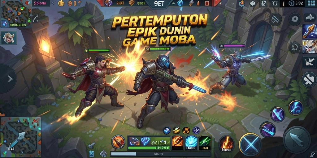 Screenshot 9ET menunjukkan pertempuran intens antara karakter MOBA.