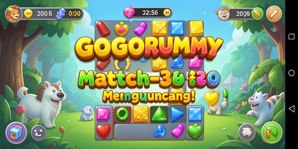 Screenshot gameplay GOGORUMMY yang menampilkan kombinasi warna-warni objek match-3.