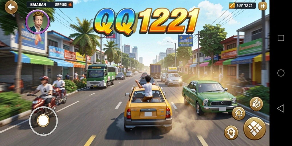 Tampilan menegangkan saat balapan di QQ1221 dengan mobil cepat.